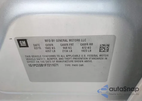 2015 Chevrolet Cruze 1Lt Auto z USA, uszkodzony, nr VIN 1G1PC5SB1F7211671